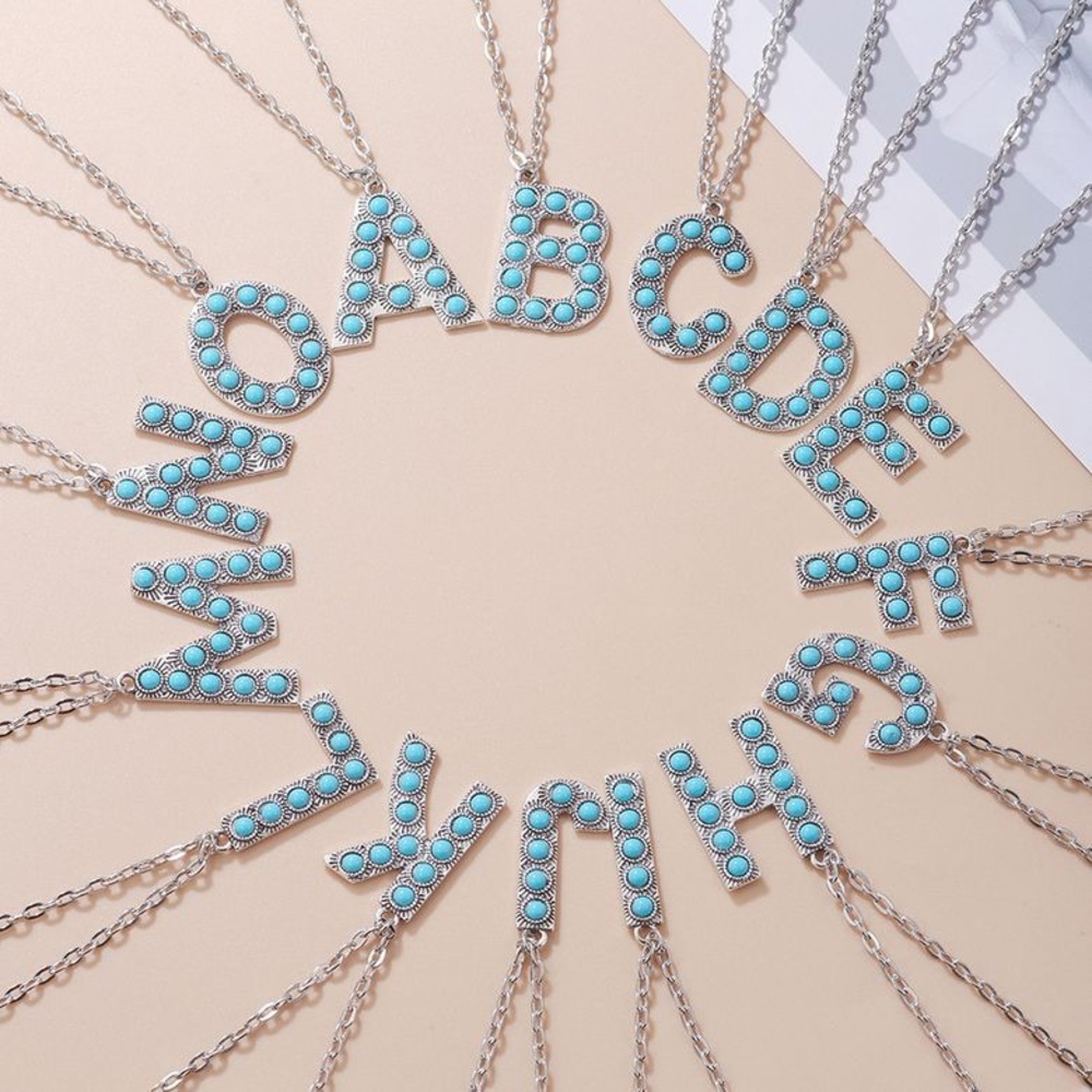 New Alphabet Letter Name Initial Western Turquoise Faux Stone Silver Boho gift